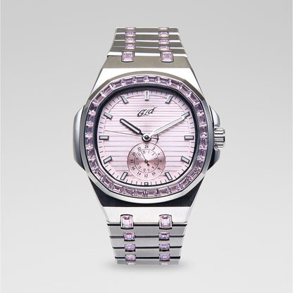 39MM Visionary Iced Pink Stone Band Watch - White Gold
