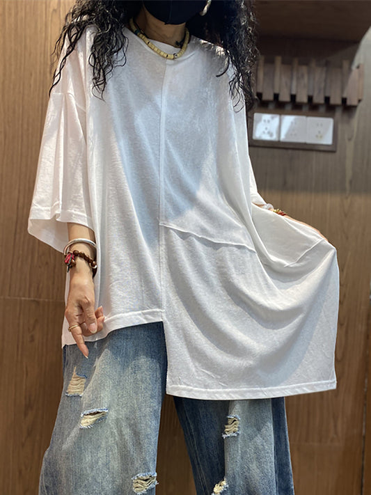女士夏季休閒不規則拼接圓領棉質襯衫
