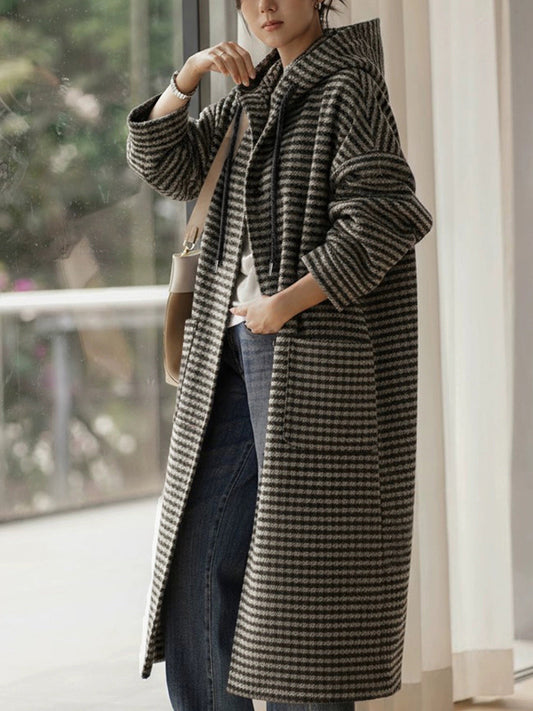 女士復古冬季條紋連帽外套