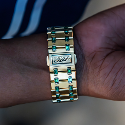 39MM Visionary Moissanite Iced Emerald Stone Band Watch - Yellow Gold