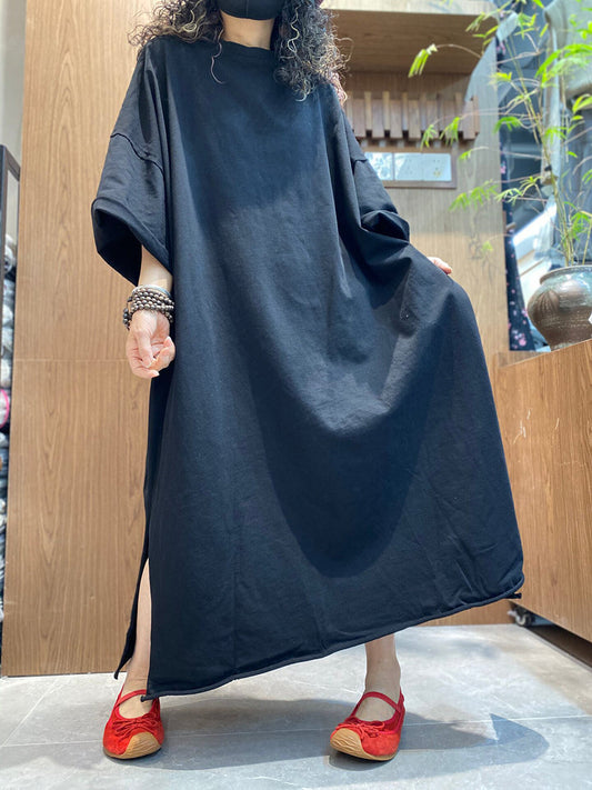 女士夏季復古純色圓領連身裙