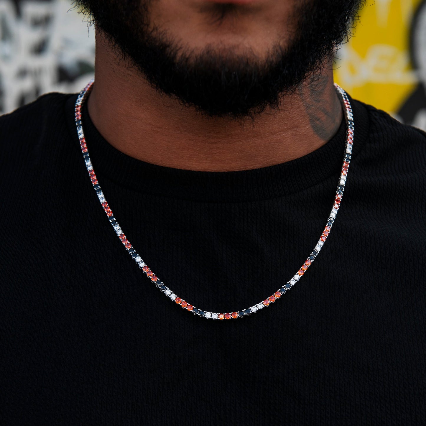 3MM Diamond Tennis Chain - Black Orange White