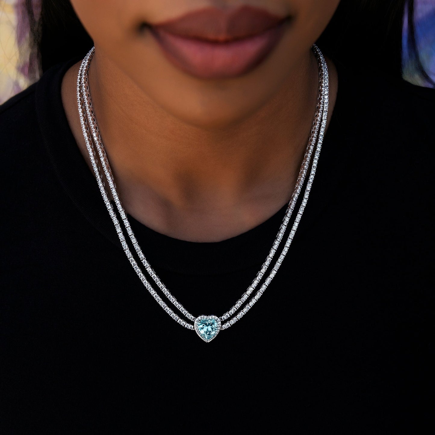 Blue Heart Diamond Double Row Tennis Necklace - White Gold