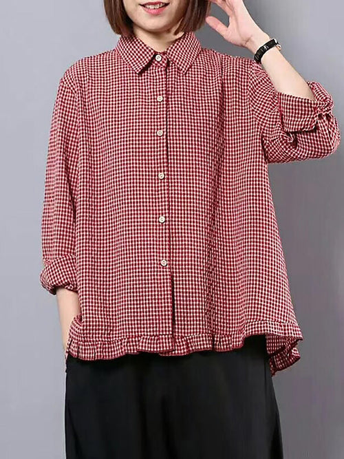 大尺碼女裝格紋手工亞麻棉質寬鬆襯衫