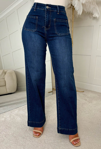 All In Dark Wash Stretch Denim Wide Leg Front Pocket Jeans