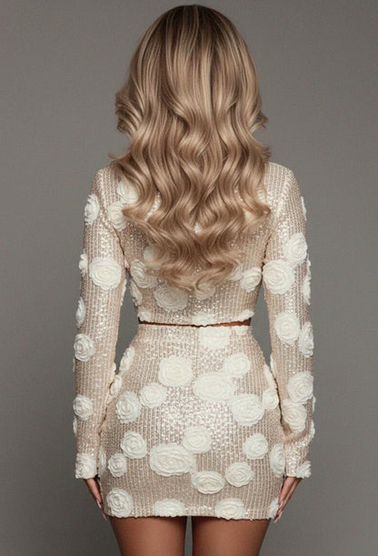 All Night Long Cream Floral Sequin Top And Mini Skirt Co-Ord Set