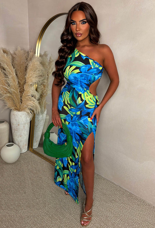 Aloha Affair Multi Leaf Print Side Cutout One Shoulder Dress