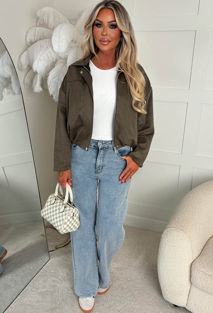Autumn Crush Khaki Faux Suede Bomber Jacket