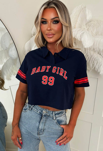 Baby Girl Navy Collar Short Sleeve T Shirt