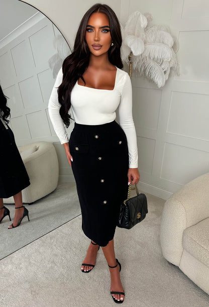 Buttoned Darling Black Gold Button Detail Knitted Midi Skirt