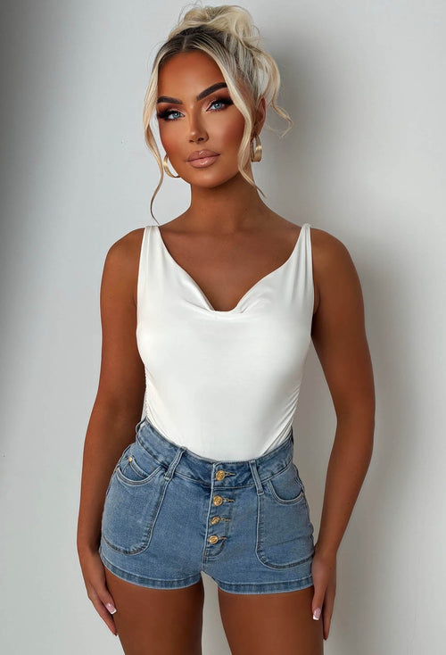 Coco Denim Mid Wash Stretch Denim Gold Button Shorts