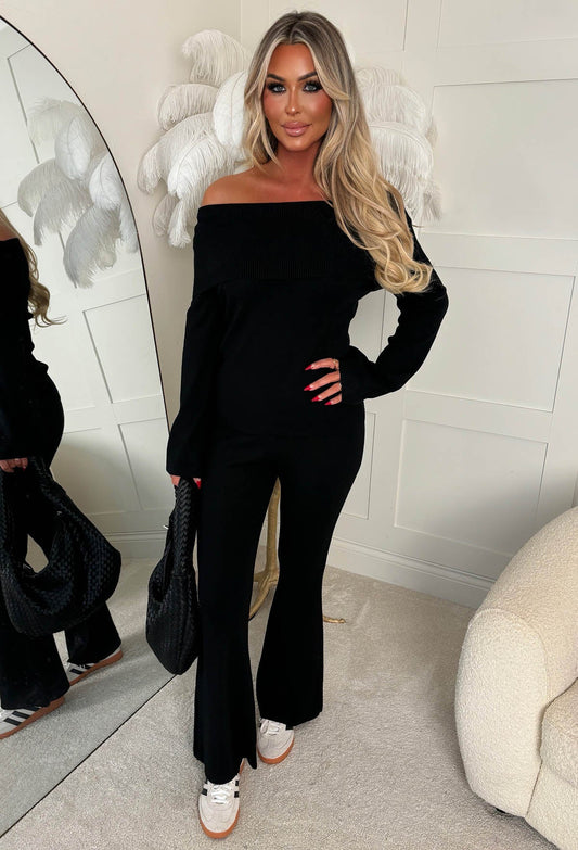 Cosy In The City Black Bardot Knit Top & Flare Trouser Set