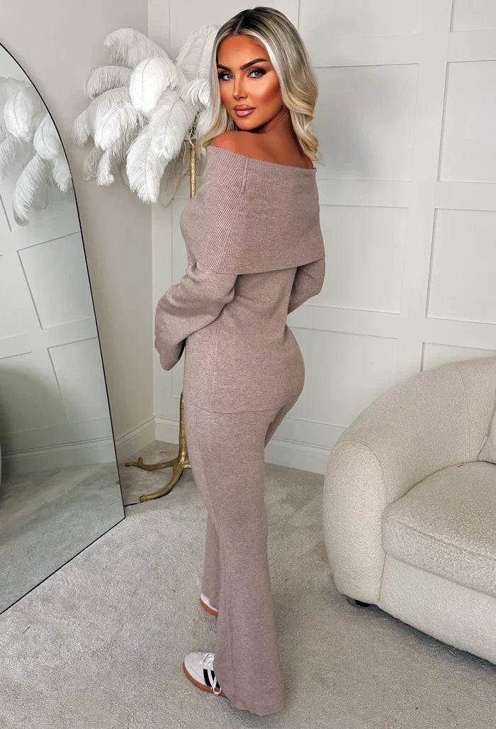 Cosy In The City Taupe Bardot Knit Top & Flare Trouser Set