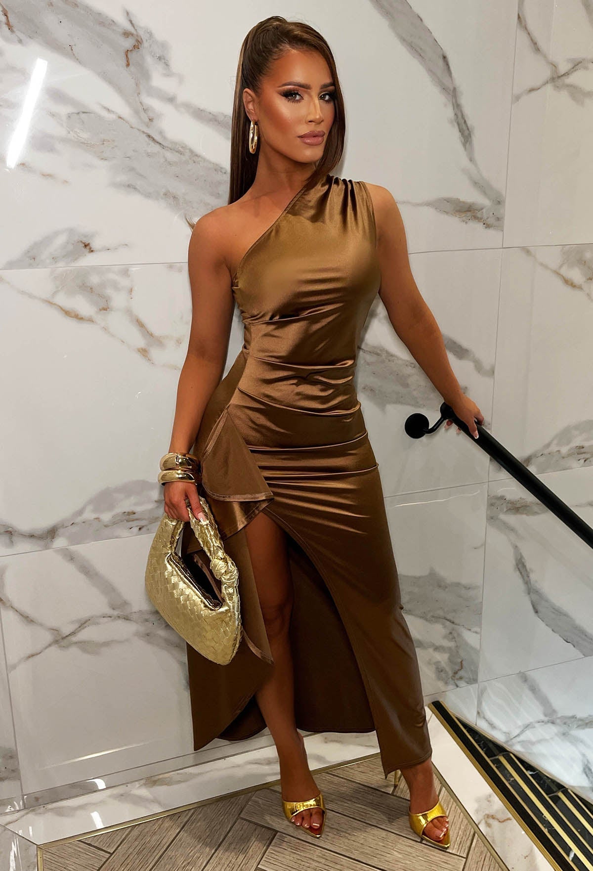 Darling Damsel Mocha Satin One Shoulder Frill Midi Dress