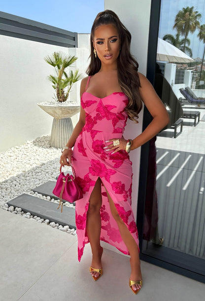 Dream For All Fuchsia Ribbon Flower Split Front Dress